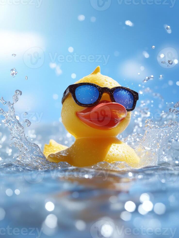 Happy rubber duck wearing sunglasses in a splashing bathtub scene for summer fun photo