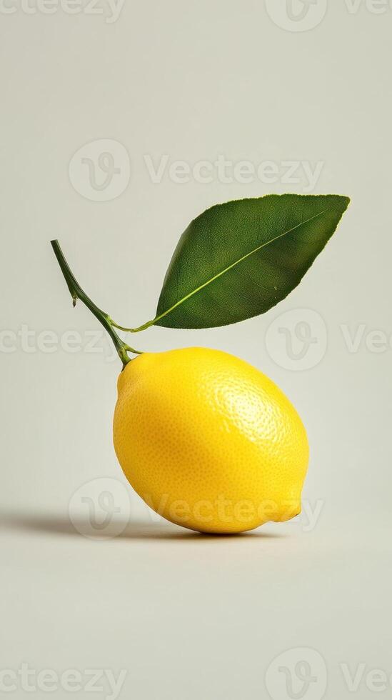 Minimalist lemon with leaf on neutral background. Ideal for design and print concepts photo