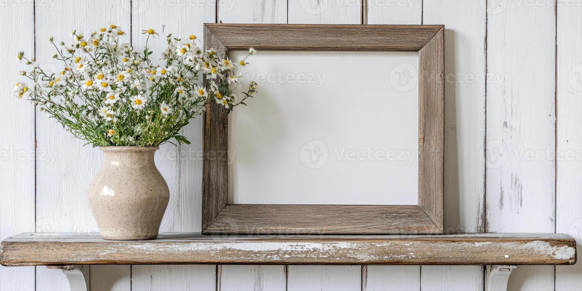 Rustic farmhouse decor with distressed wooden frame and wildflower vase on weathered shelf photo