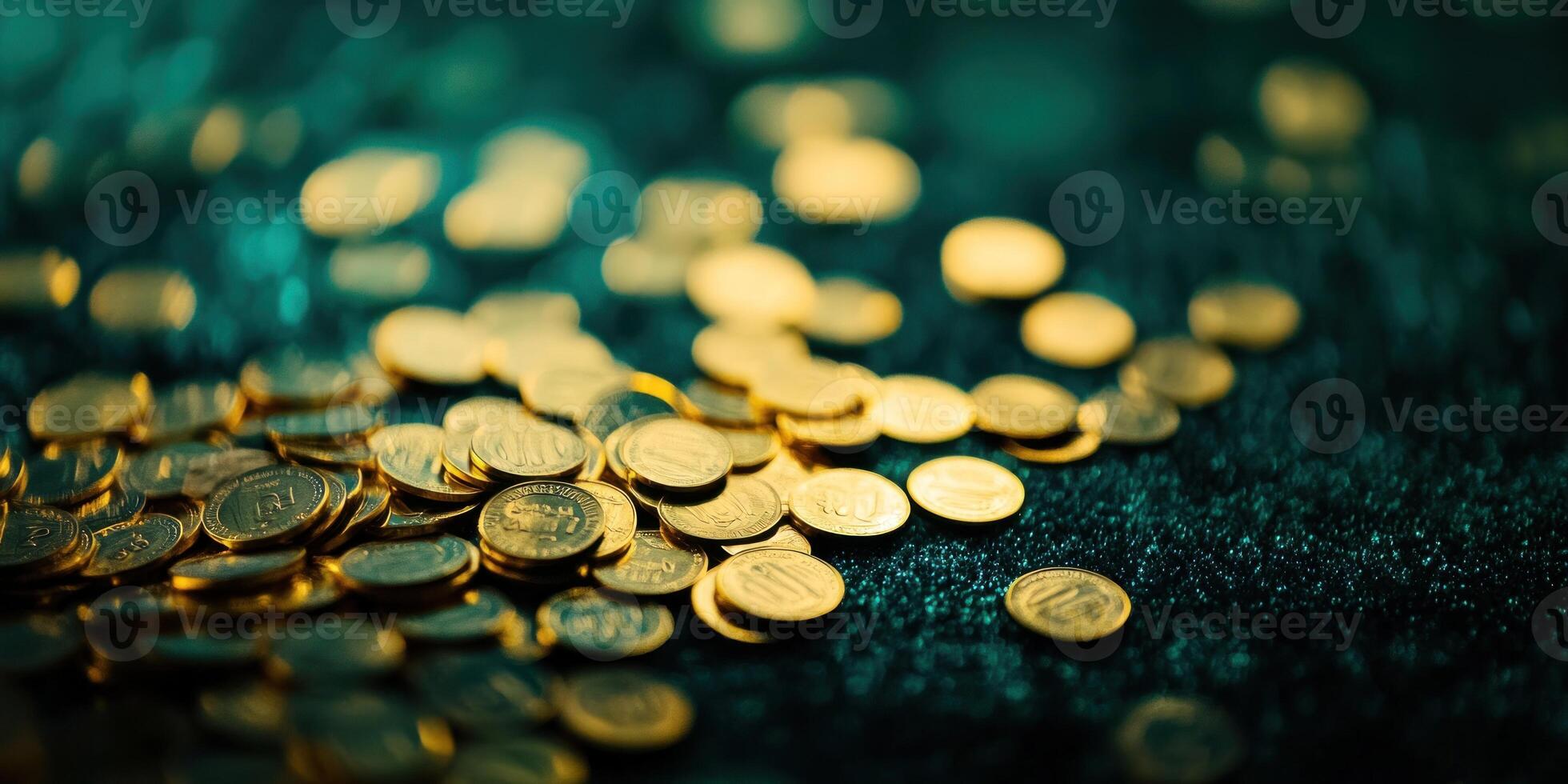 Soft focus blurred background of scattered golden coins for wealth and finance concepts photo