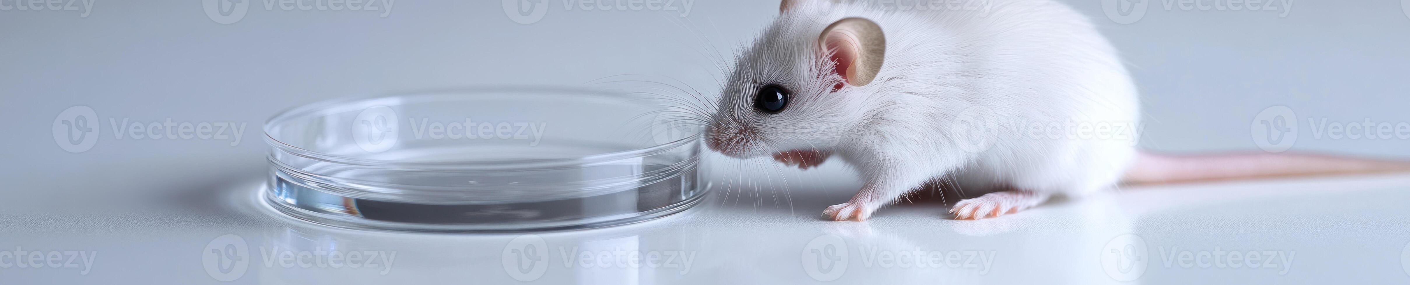 Curious laboratory mouse examining a petri dish in a research setting photo