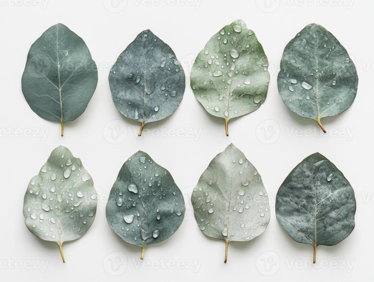 Artistic flat lay of raindrop covered eucalyptus leaves for nature design inspiration photo