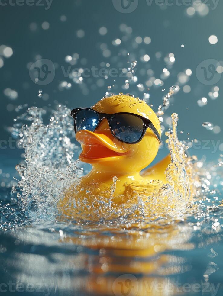 Vibrant yellow rubber duck with sunglasses splashing in bathtub photo