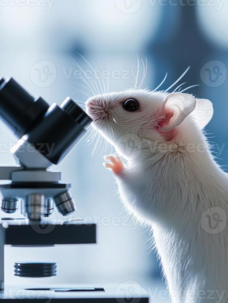 Curious lab mouse examining microscope in scientific research setting photo