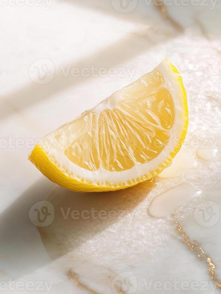 Fresh lemon wedge on white marble surface with natural light photo
