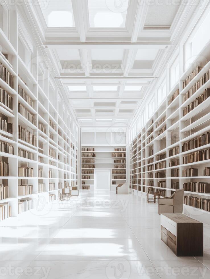 Serene library hall with towering bookshelves in bright and spacious interior photo