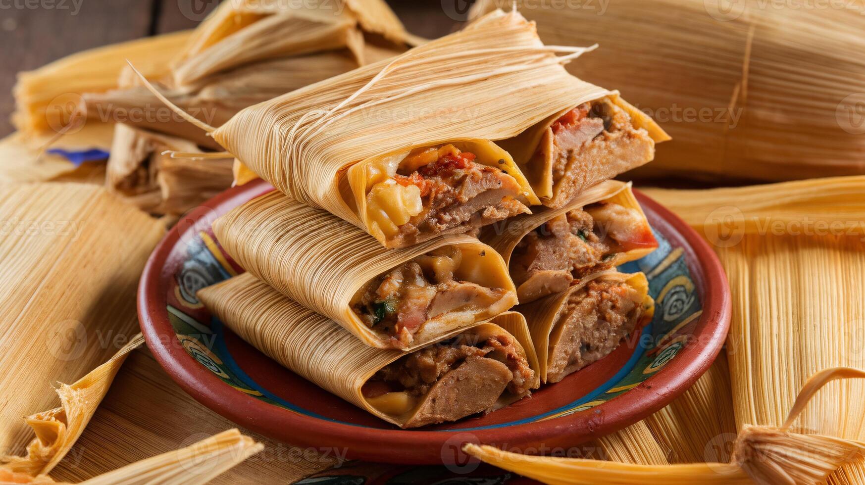 Delicious tamales stacked on a decorative plate, showcasing a variety of fillings and vibrant colors. photo
