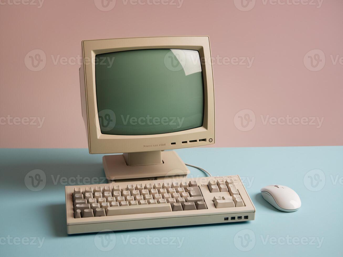 Vintage computer setup with beige monitor, keyboard, and mouse on a pastel blue surface. photo