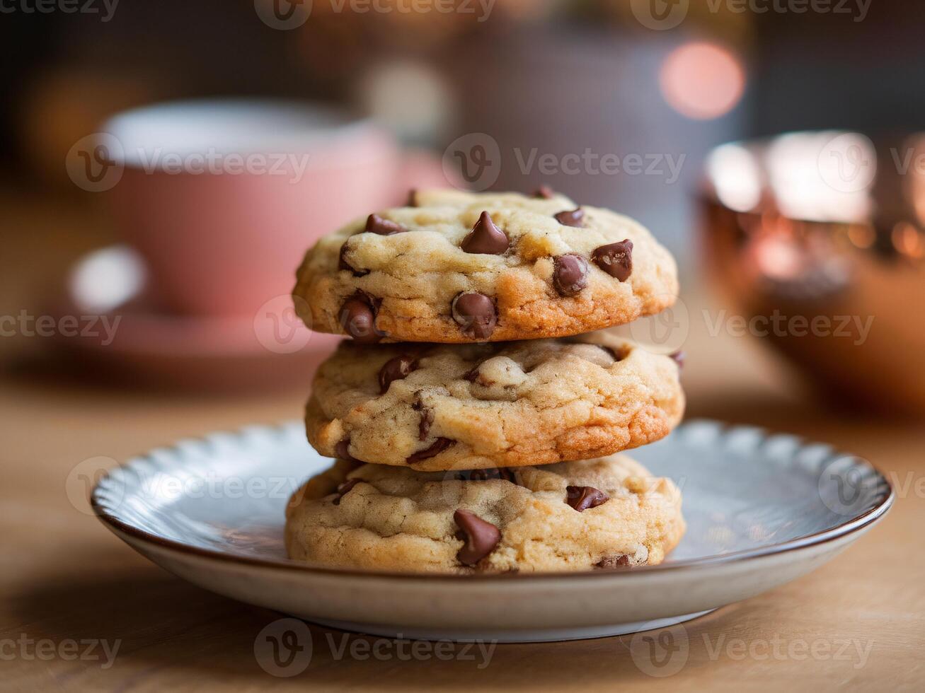 A stack of three chocolate chip cookies on a plate with a soft pink cup in the background. photo