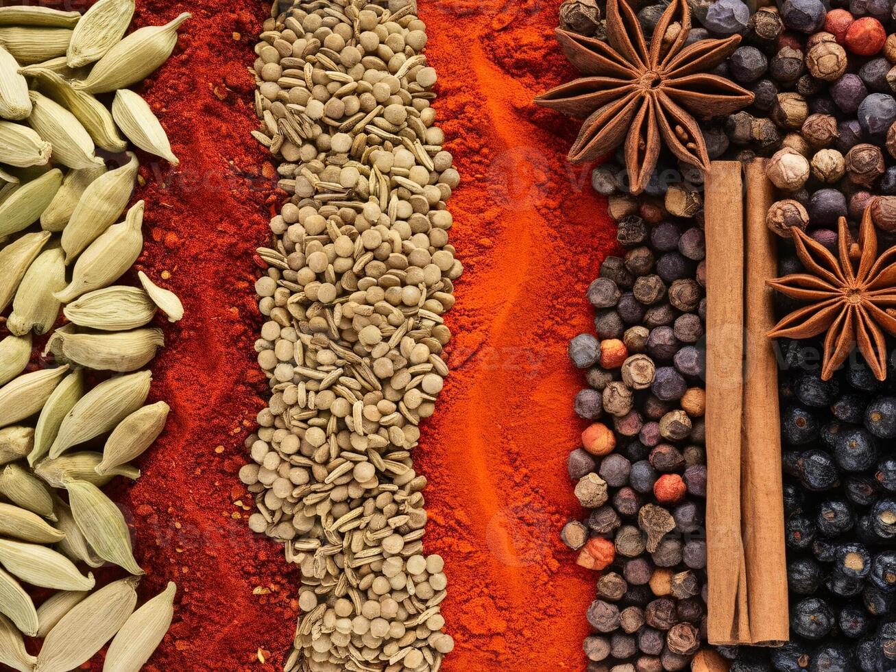 Colorful assortment of spices on a textured background, featuring seeds, herbs, and vibrant powders. photo
