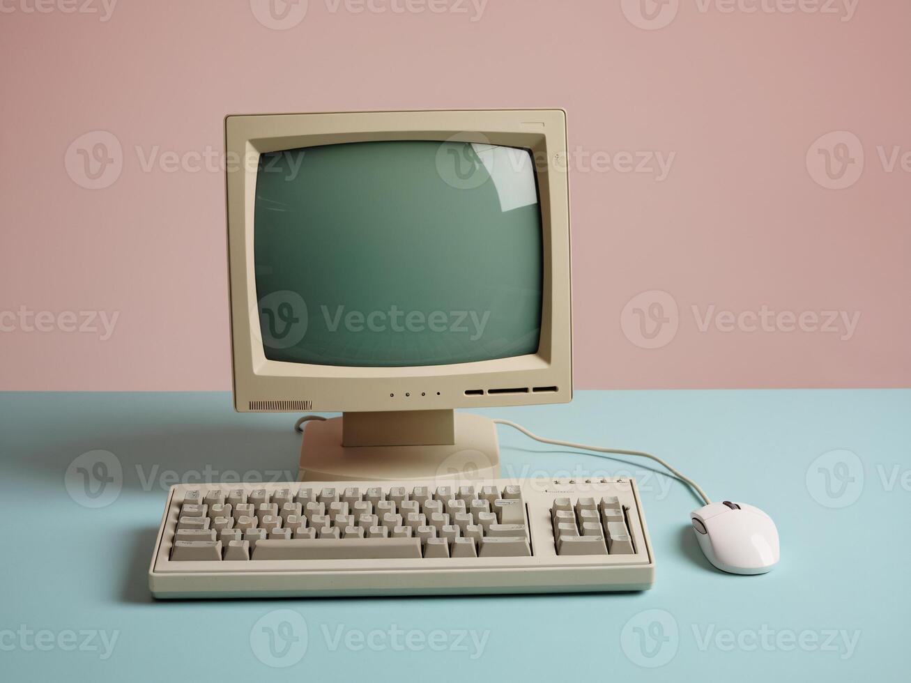 An old computer and keyboard sitting on a table photo