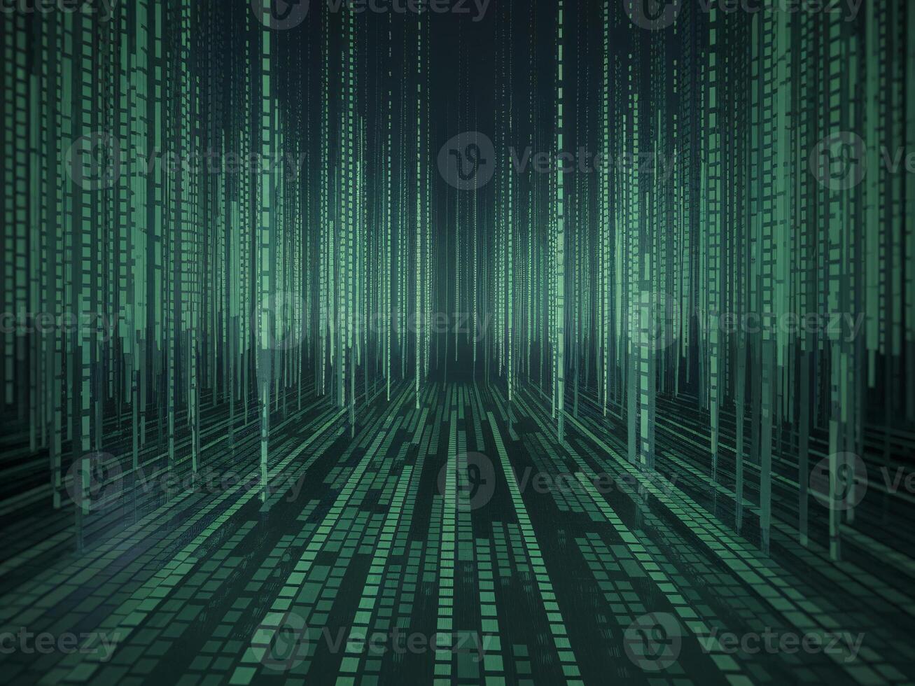 Abstract green digital environment with vertical lines creating a futuristic and immersive atmosphere. photo