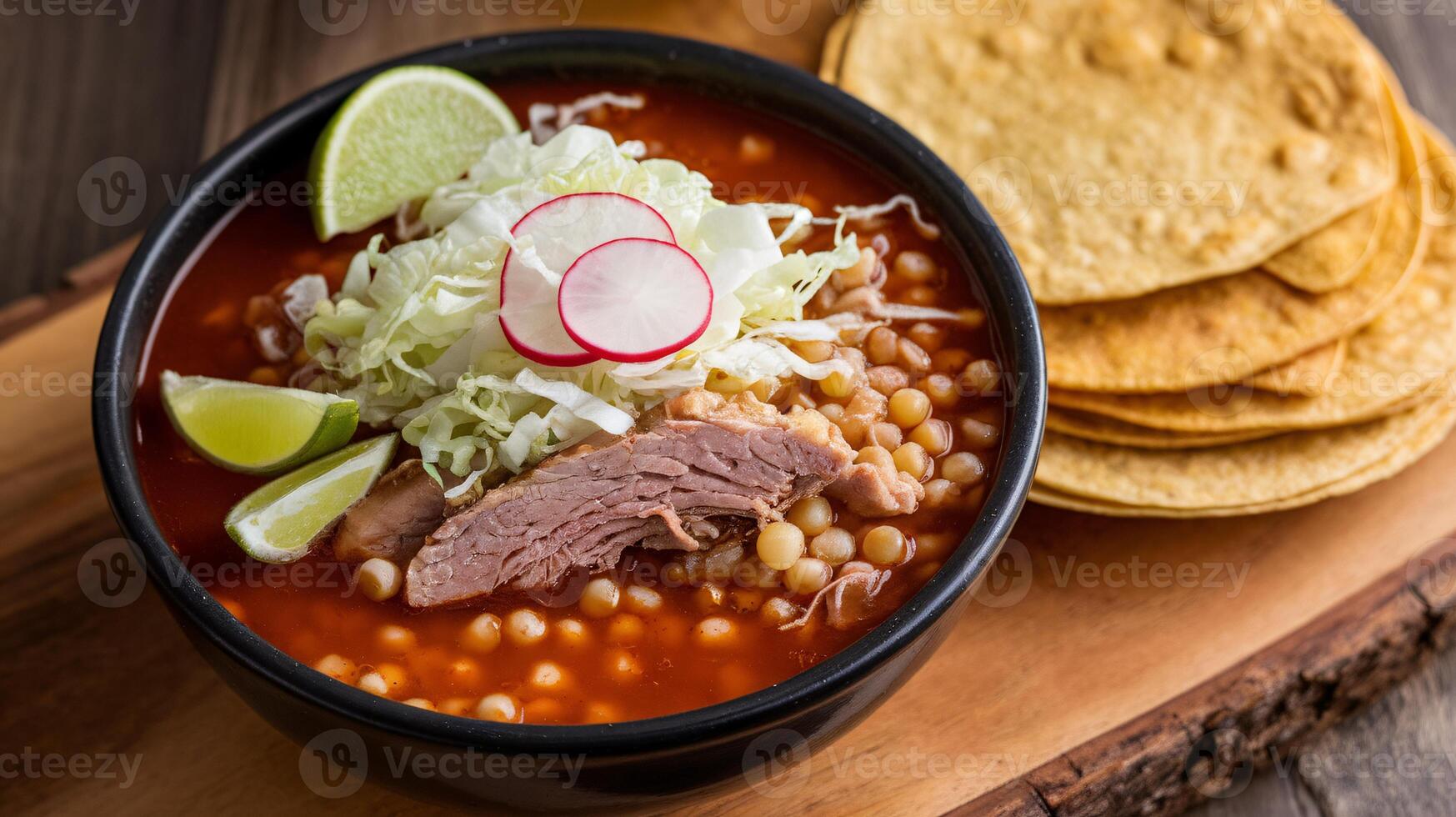 A vibrant bowl of traditional soup with beef, garnished with lime, cabbage, and radish. photo