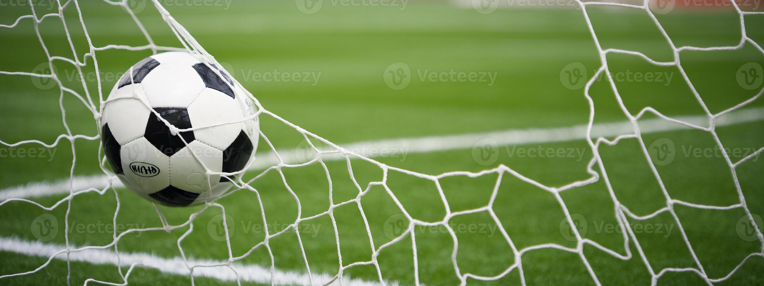 A soccer ball caught in the net, symbolizing victory and excitement in the game. photo