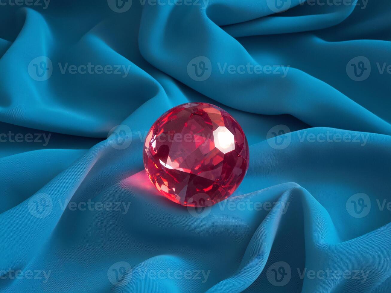 A sparkling red crystal sphere rests elegantly on bright blue satin fabric. photo