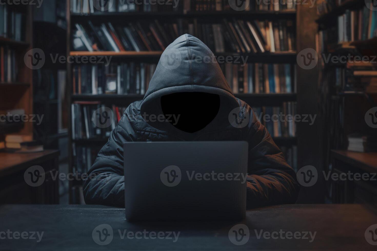 A mysterious hooded figure working on a laptop in a dimly lit library. photo