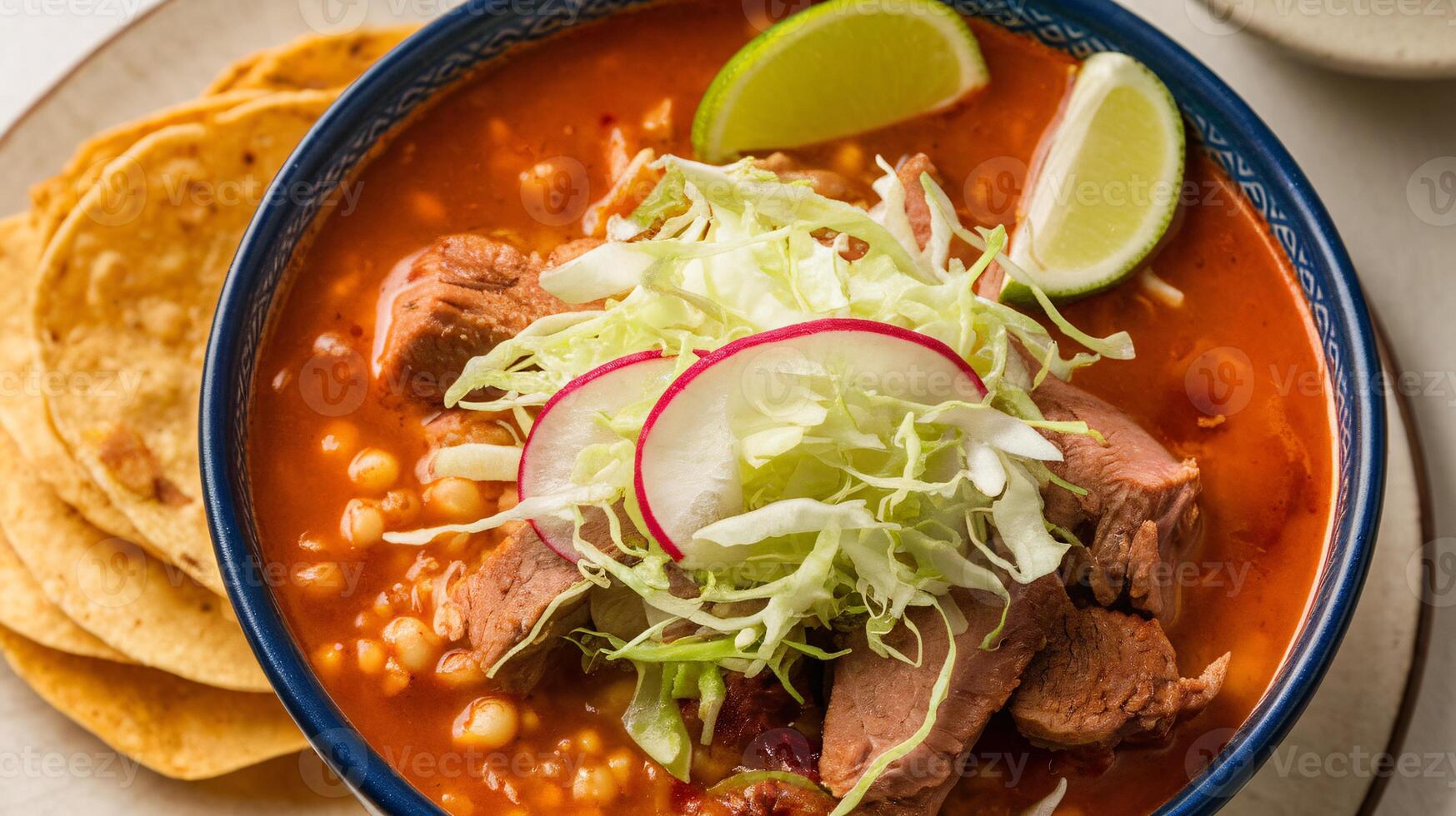 A vibrant bowl of soup with tender beef, fresh toppings, and lime on a light background. photo