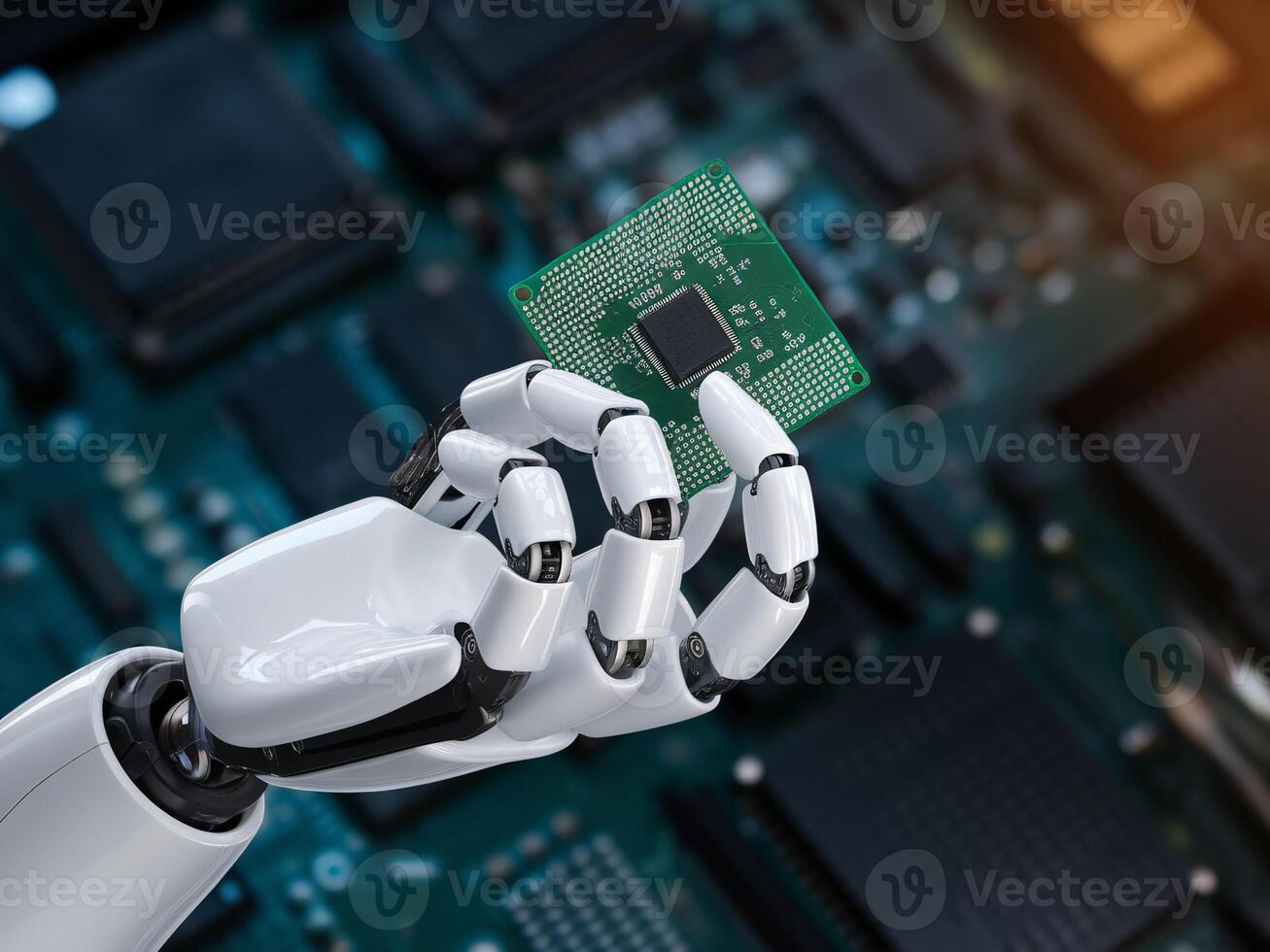 A robotic hand delicately holds a microchip against a blurred tech background, showcasing innovation. photo