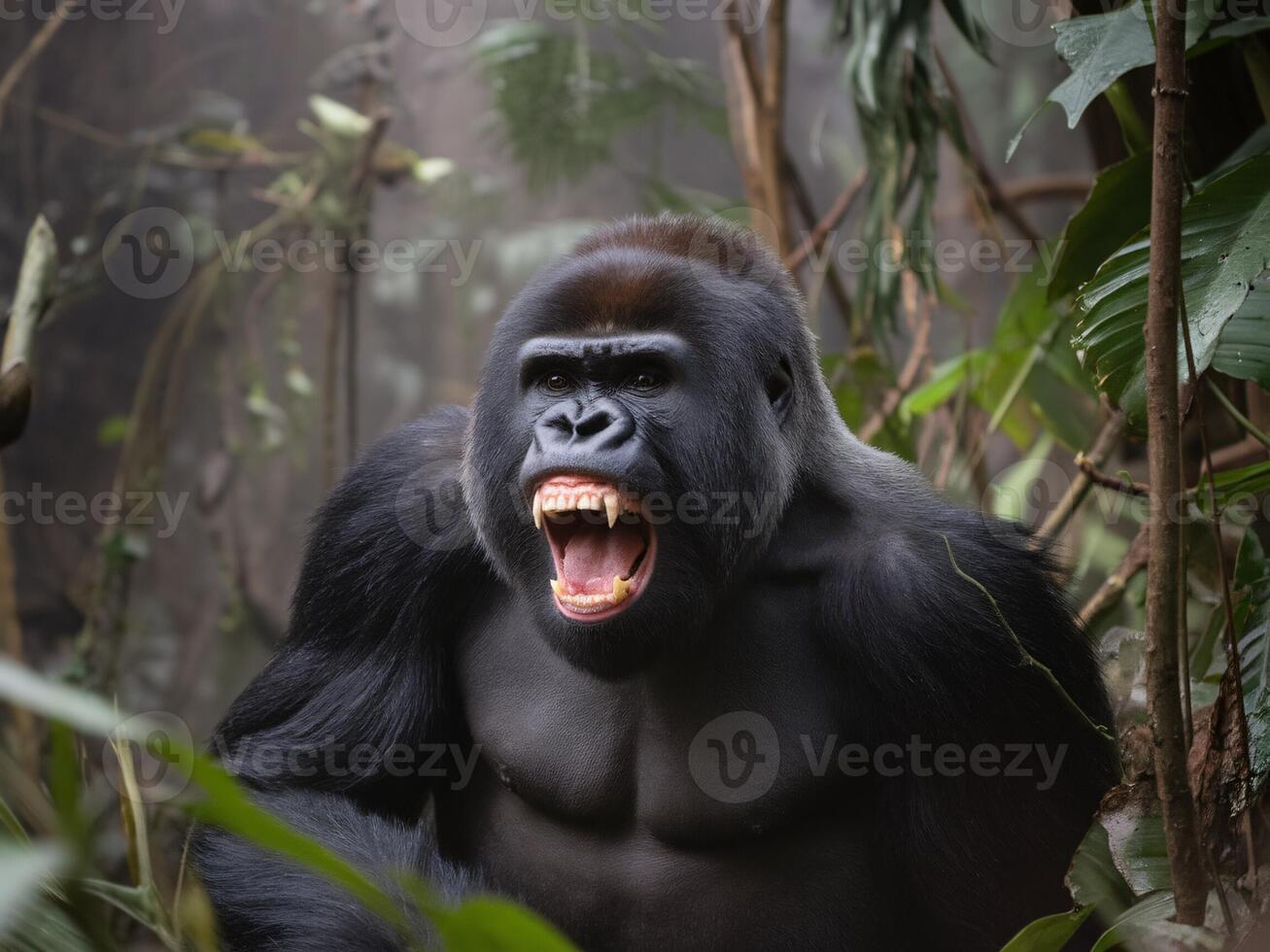 A strong male gorilla displays its powerful presence in a lush green jungle environment. photo