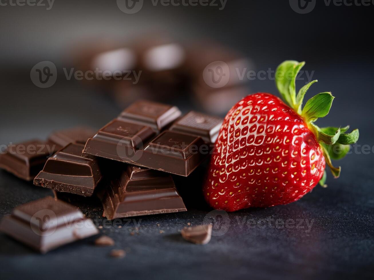 A vibrant red strawberry next to dark chocolate squares on a dark surface, creating a rich and tempting contrast. photo