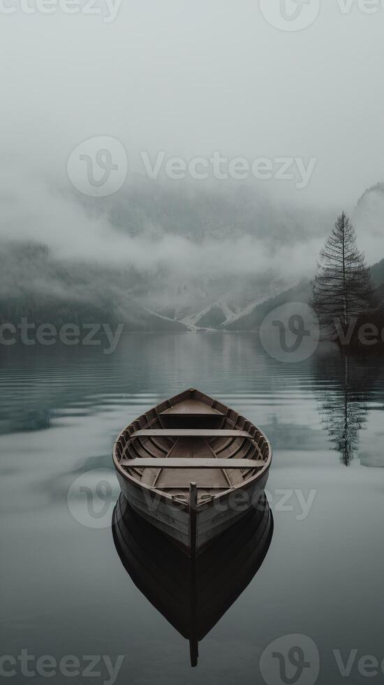 A serene wooden boat floats on a foggy lake, surrounded by misty mountains and tranquil water reflections. photo