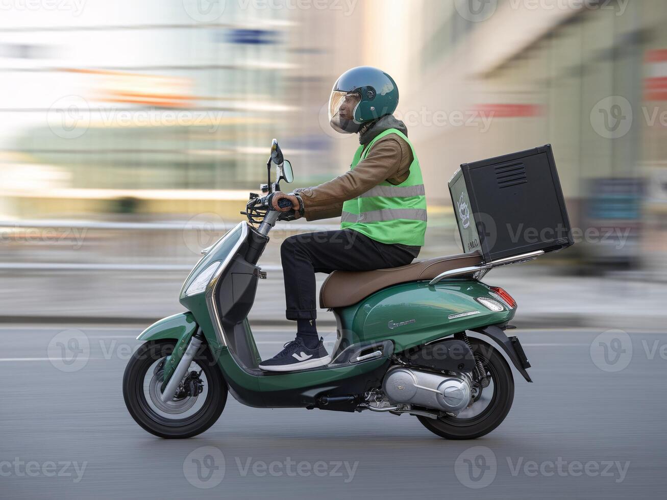 A man in a green jacket and helmet riding a scooter photo