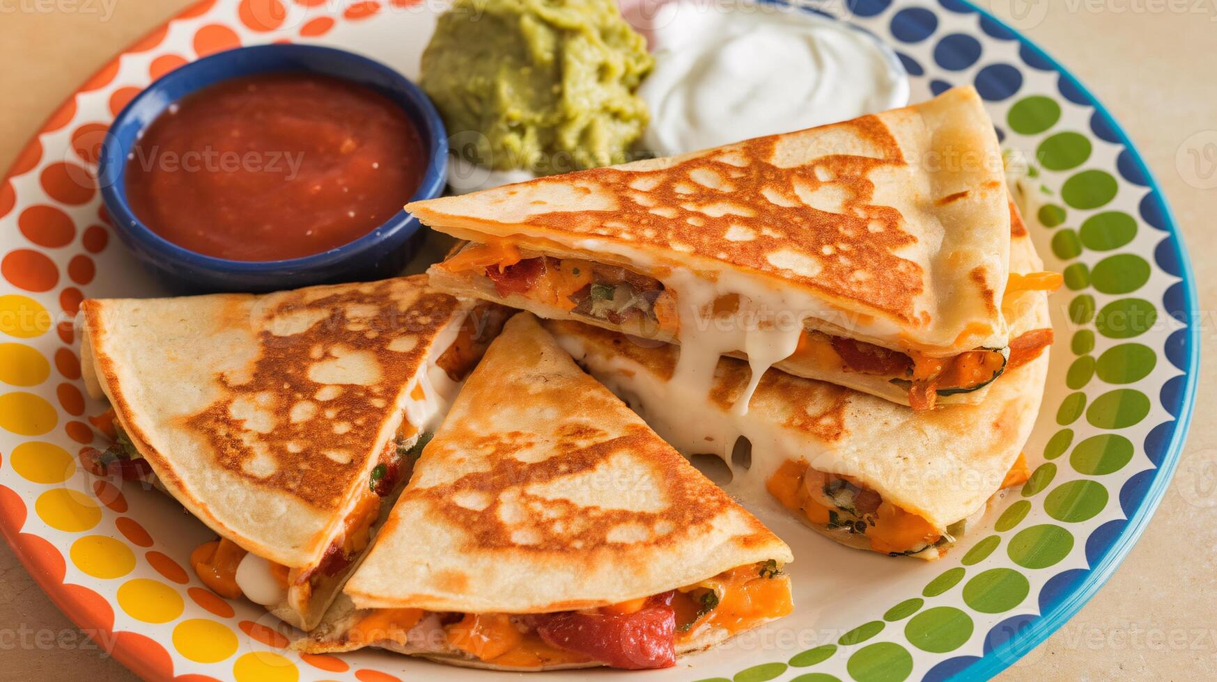 Delicious cheese quesadillas served with guacamole, sour cream, and salsa on a colorful plate. photo