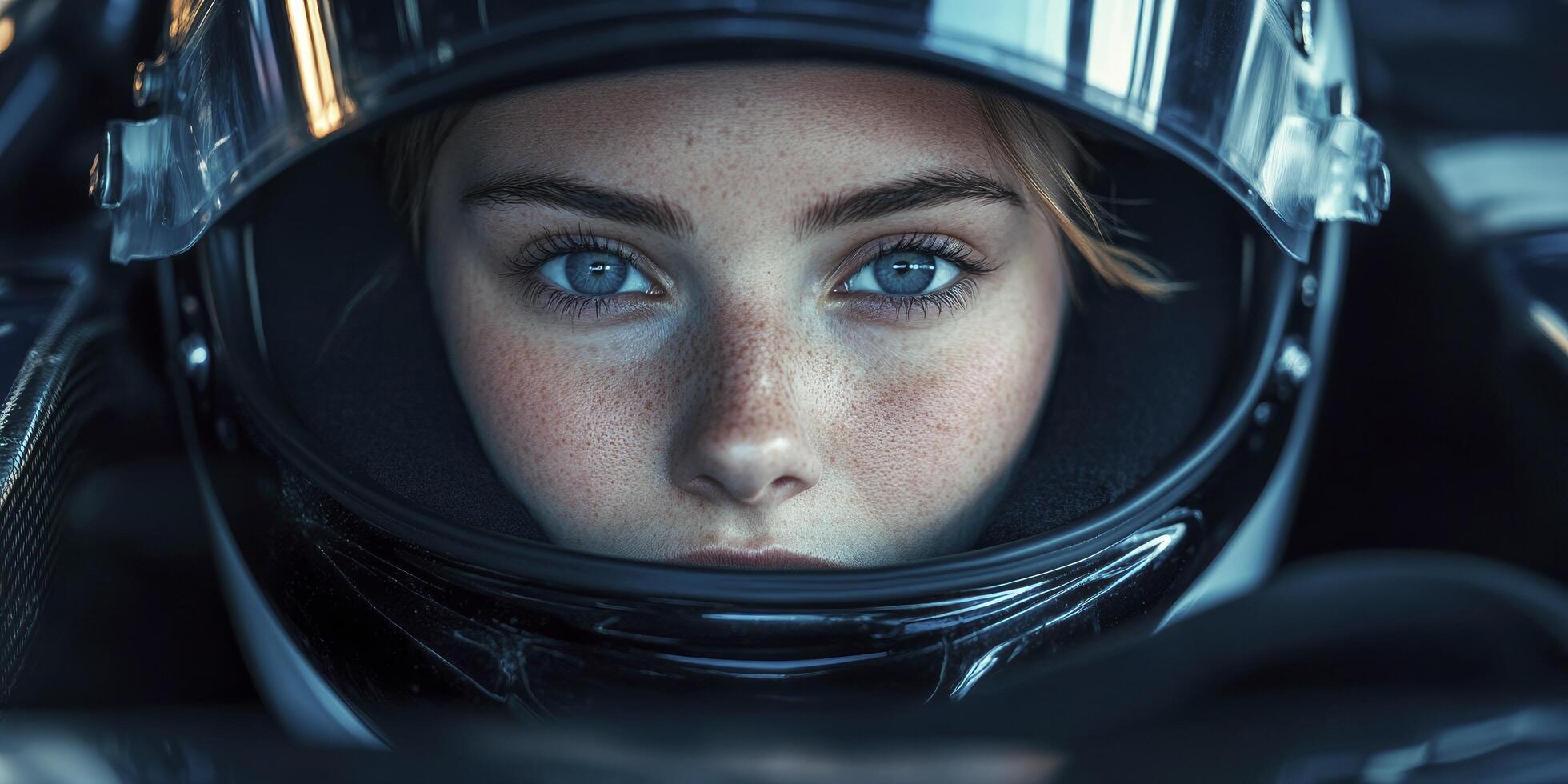 A woman in a racing car with blue eyes photo