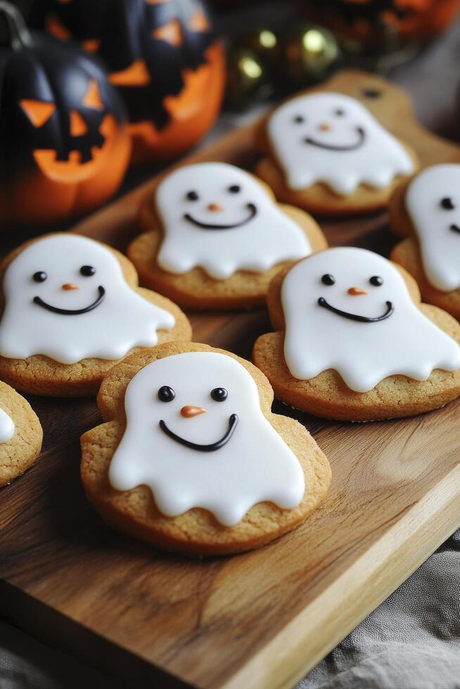 Halloween cookies with white frosting and smiling faces photo