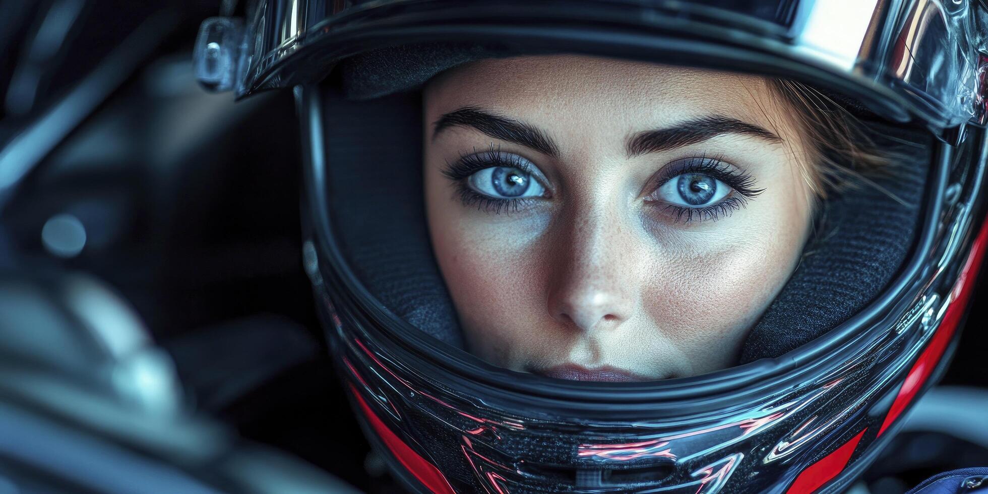A woman in a racing car with blue eyes photo