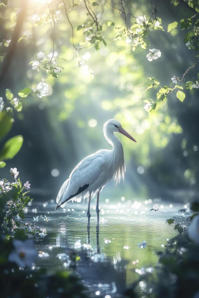 A white heron stands in the water with sunlight shining through the trees photo