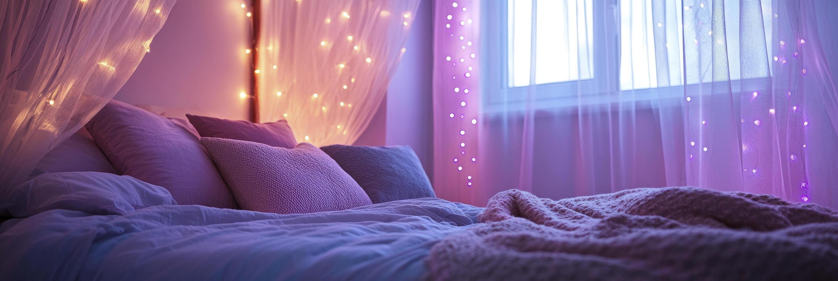 A bed with purple and pink lights on it photo