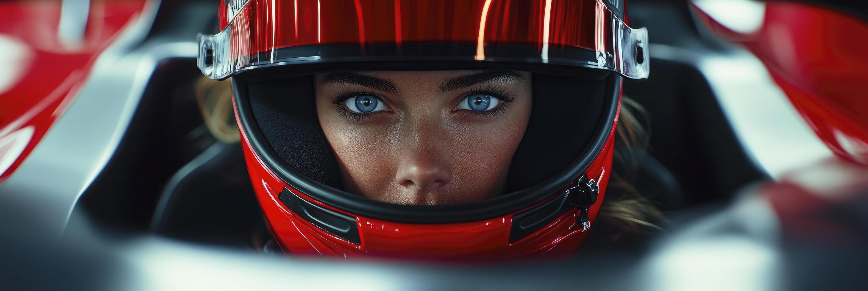 A woman in a racing car with blue eyes photo
