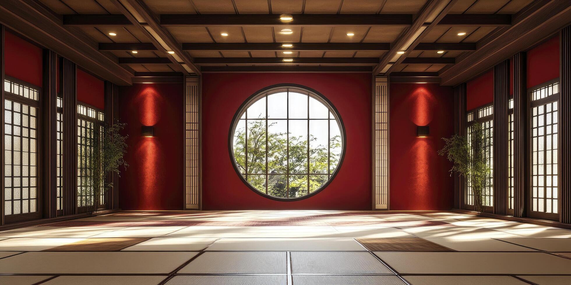 An empty room with red walls and a large window photo