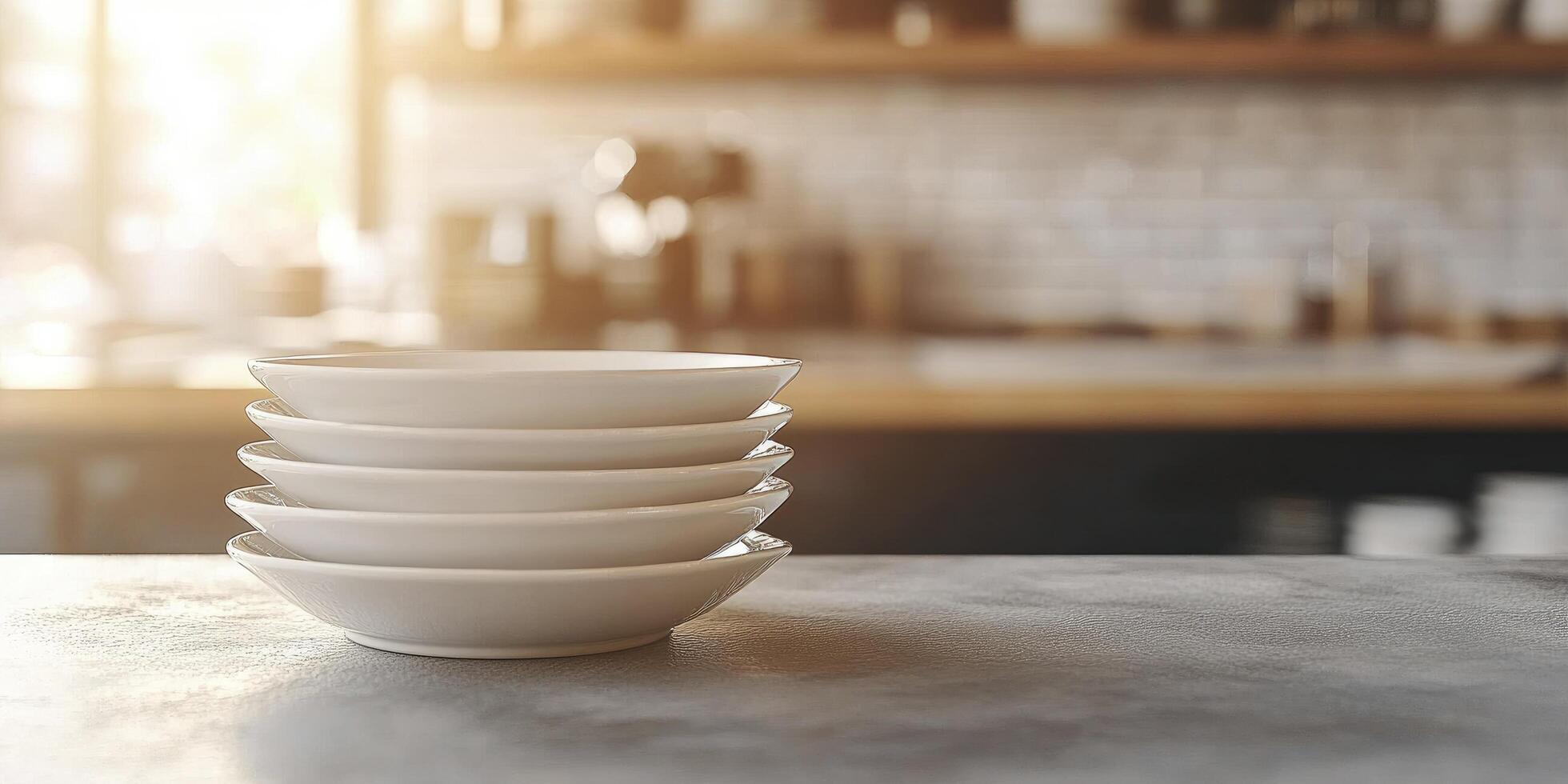 Stack of white ceramic bowls on a table photo