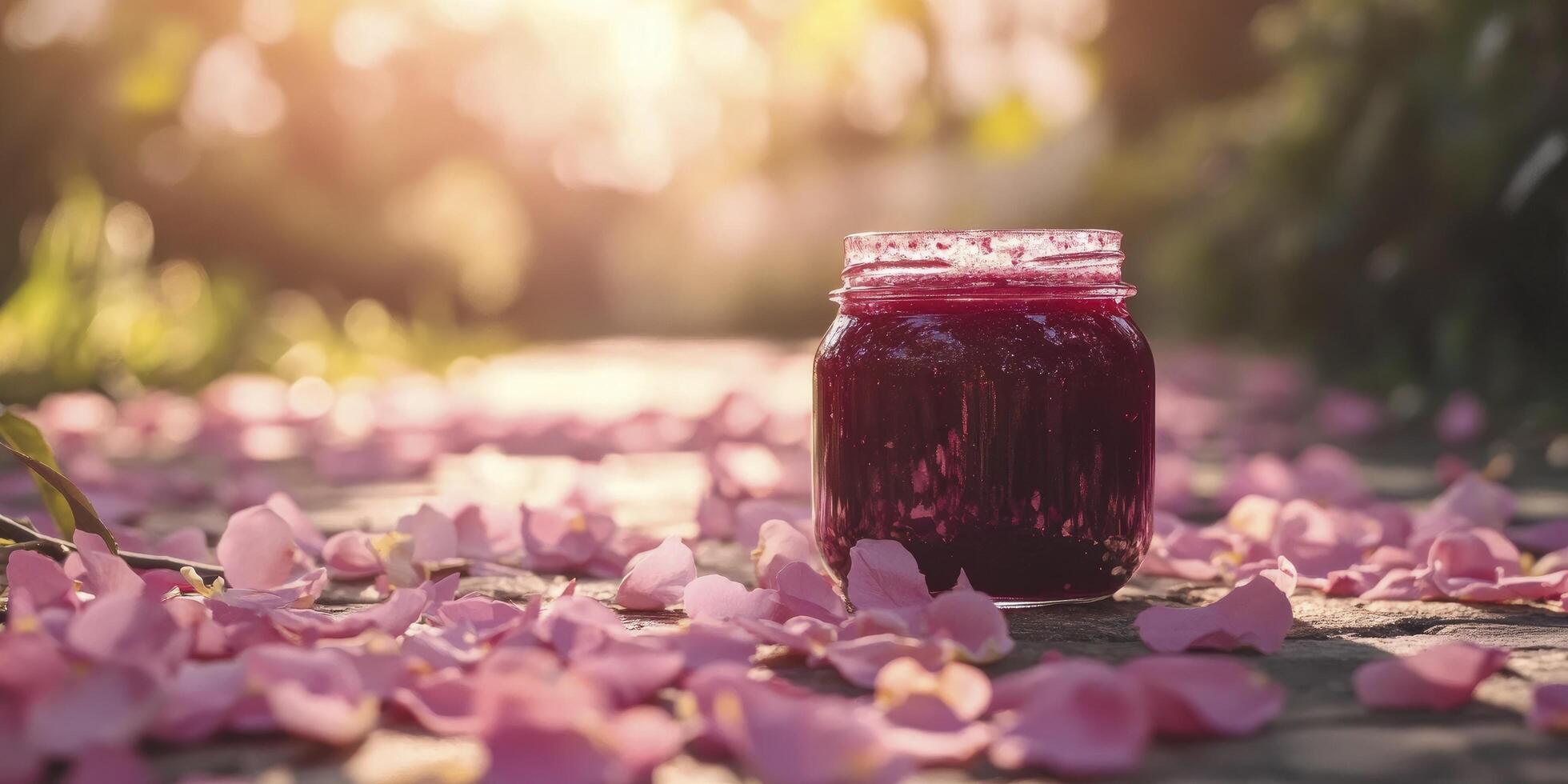 A jar of raspberry jam on the ground surrounded by pink petals photo