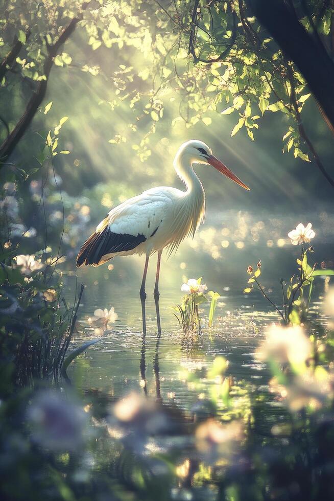 A white stork standing in the water with flowers photo