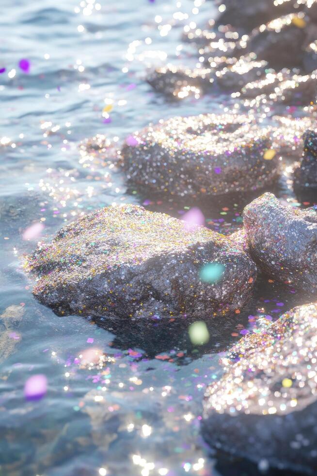 A rock with confetti on it in the water photo