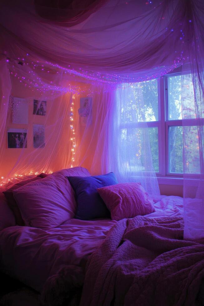 A bed with a canopy over it and a purple light photo