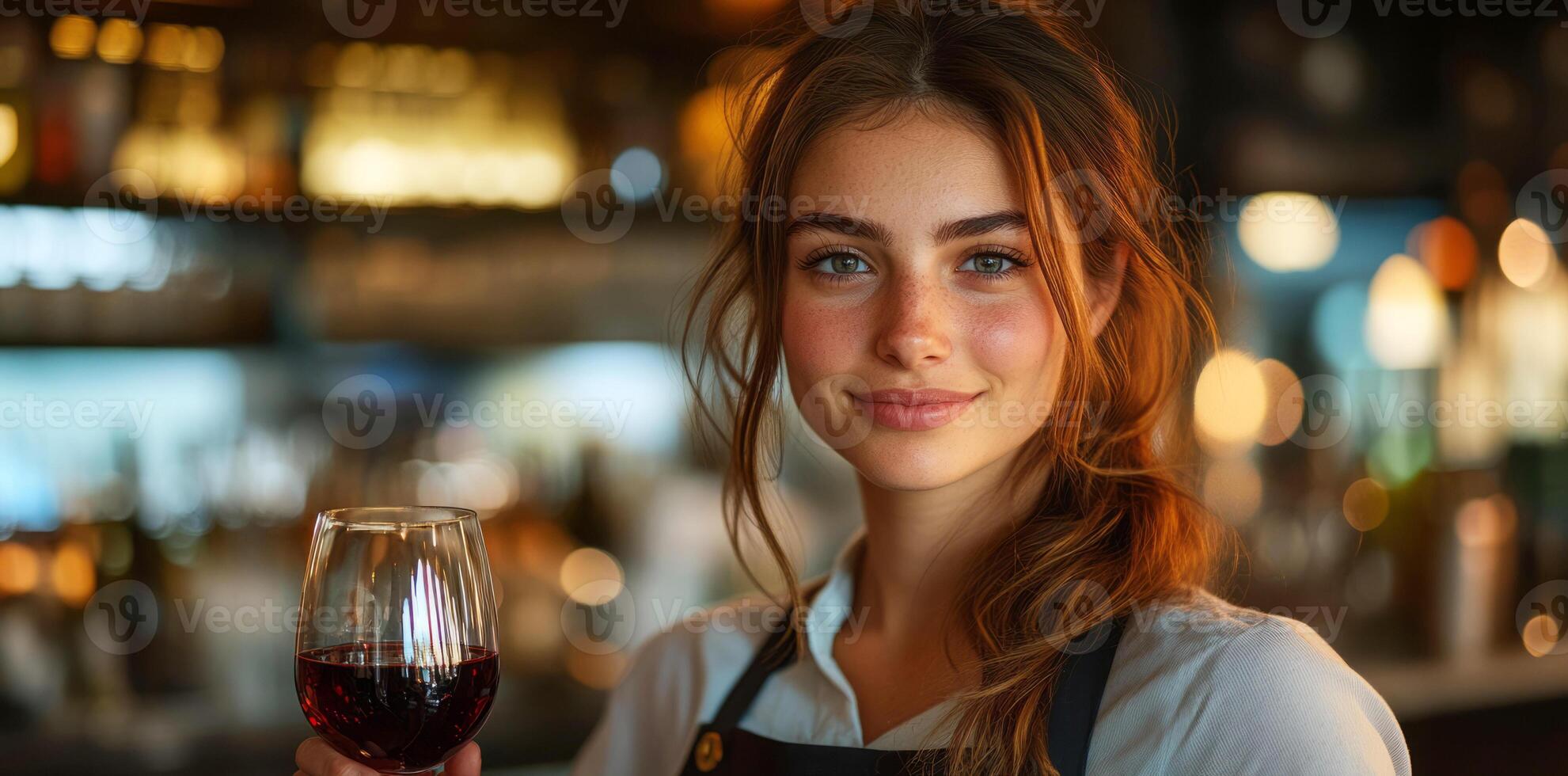 Professional sommelier tasting red wine in a restaurant, smiling and looking at camera photo