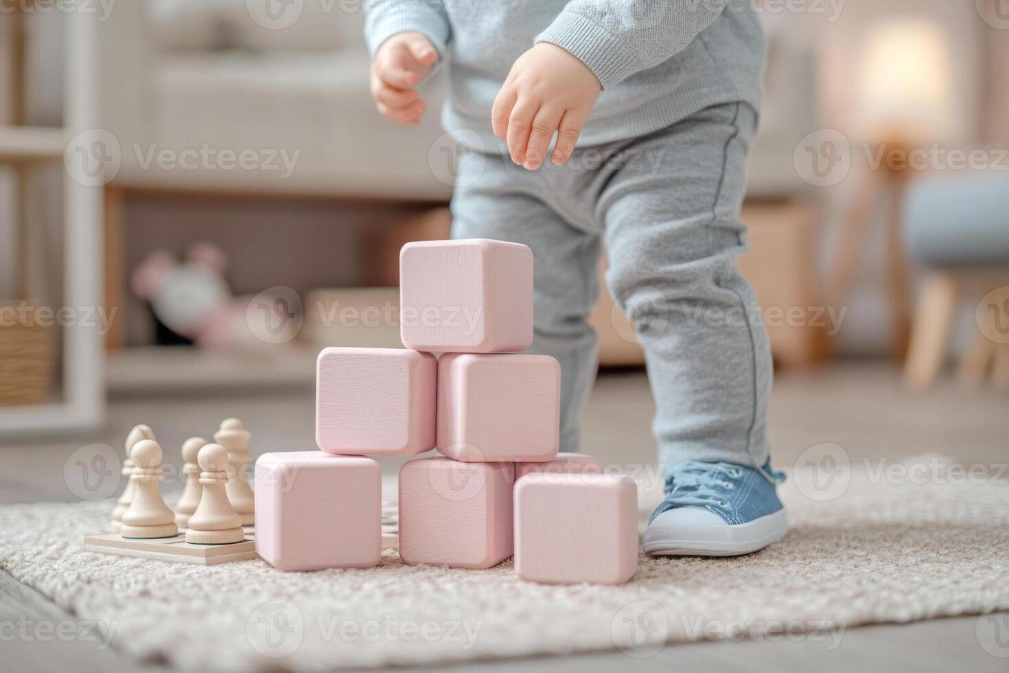 child plays with pink wooden building blocks, stacking them in the form of a tower at home photo
