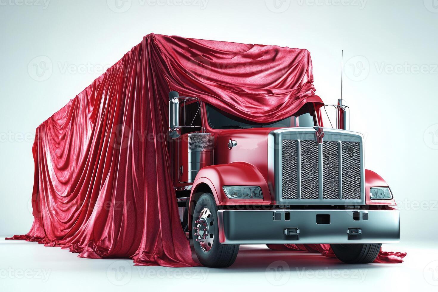 Truck is covered with a red cloth. Achievements in the field of transport technologies. Transport logistics. Cargo delivery. photo