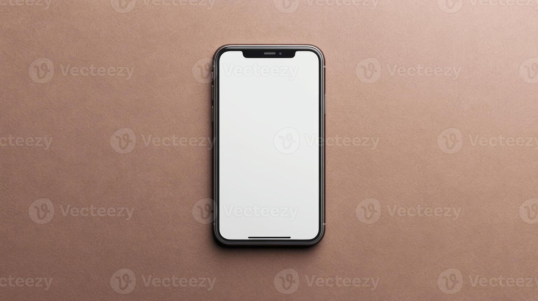 Modern smartphone with blank white screen showing on brown background, perfect for showcasing apps and websites photo