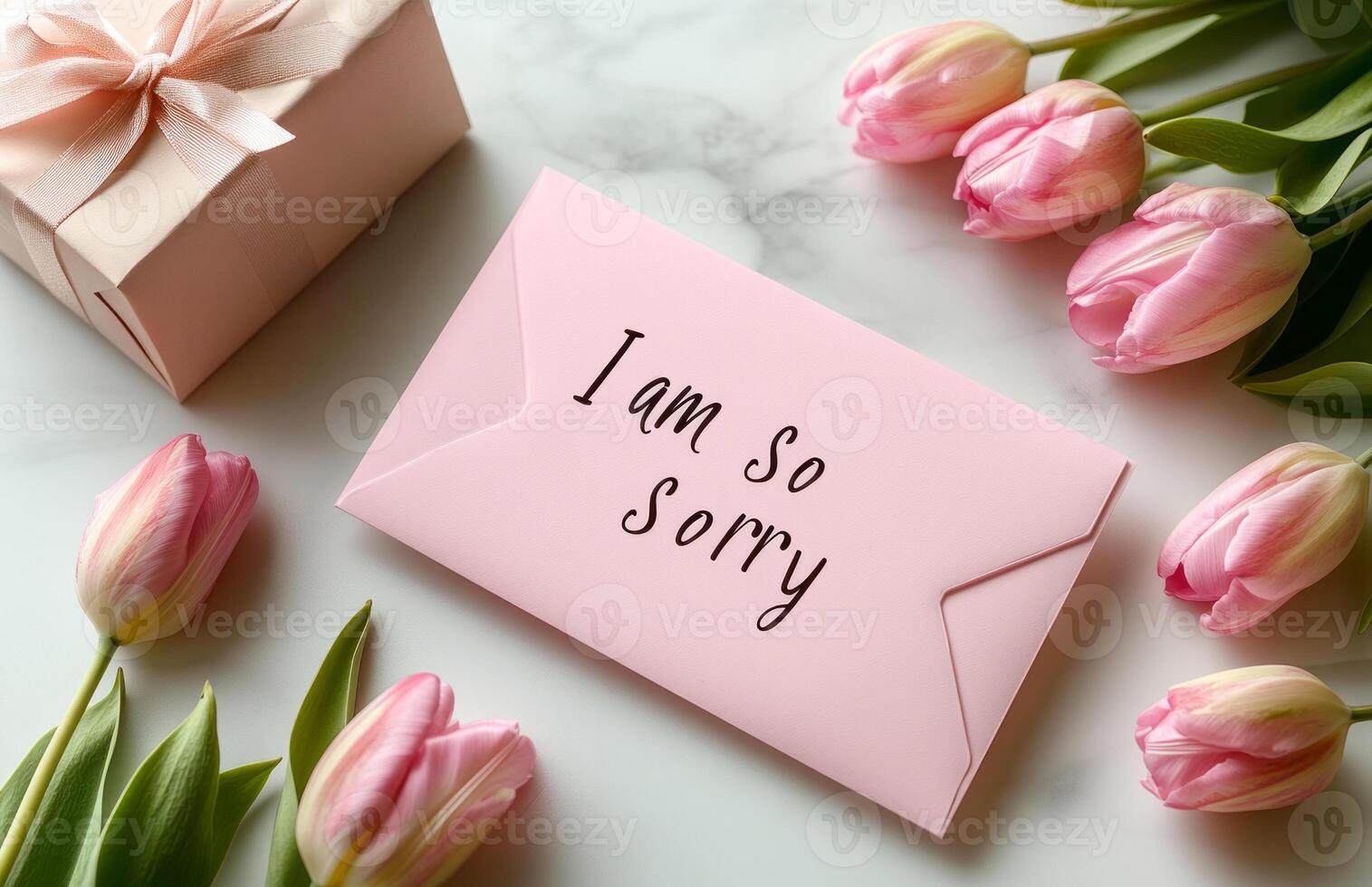 A pink envelope with the words I'm so sorry, pink tulips and a gift box. The concept of forgiveness and apologies, reconciliation. photo