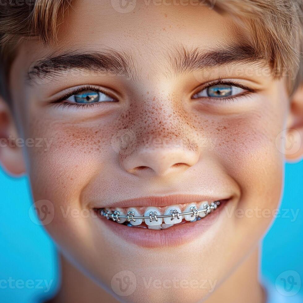 Smiling teenage male wearing metal dental braces, revealing straight teeth and confident expression during orthodontic treatment photo