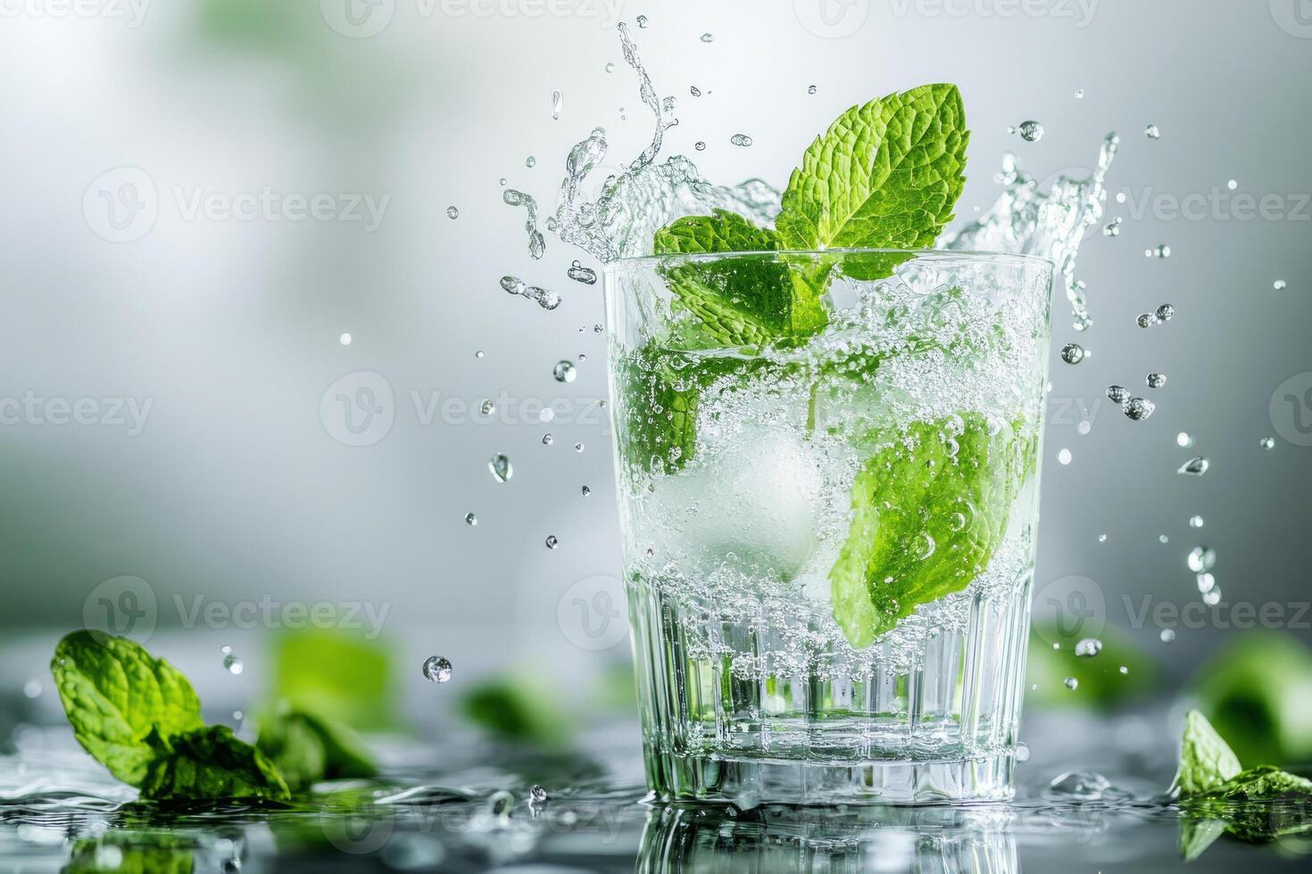 Fresh mint leaves tumbling into a glass of sparkling water, creating an invigorating splash that evokes summer refreshment photo
