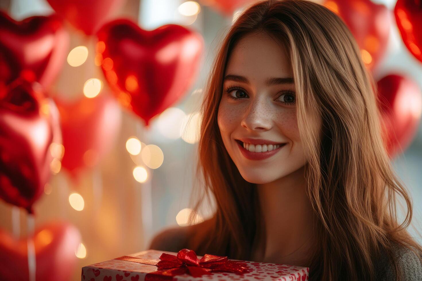 Elegant woman wearing red dress opening valentine's day gift box with heart-shaped balloon in front of bokeh lights, enjoying romantic surprise photo