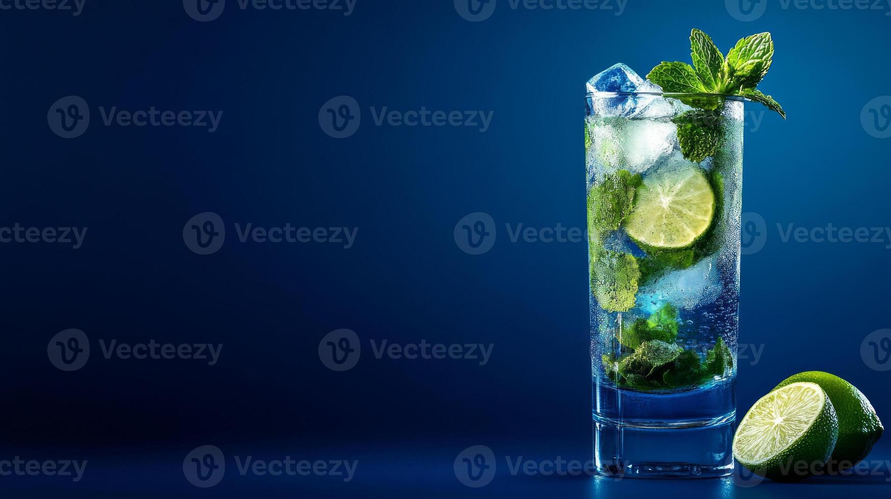 Mojito cocktail featuring mint leaves, lime slice, chilling ice cubes on deep navy surface photo