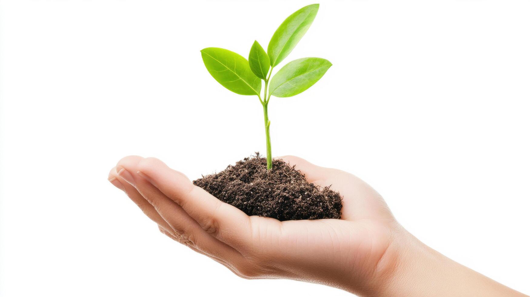 Hand gently holding delicate green sprout rising from dark fertile soil, representing hope and potential against pristine white backdrop photo