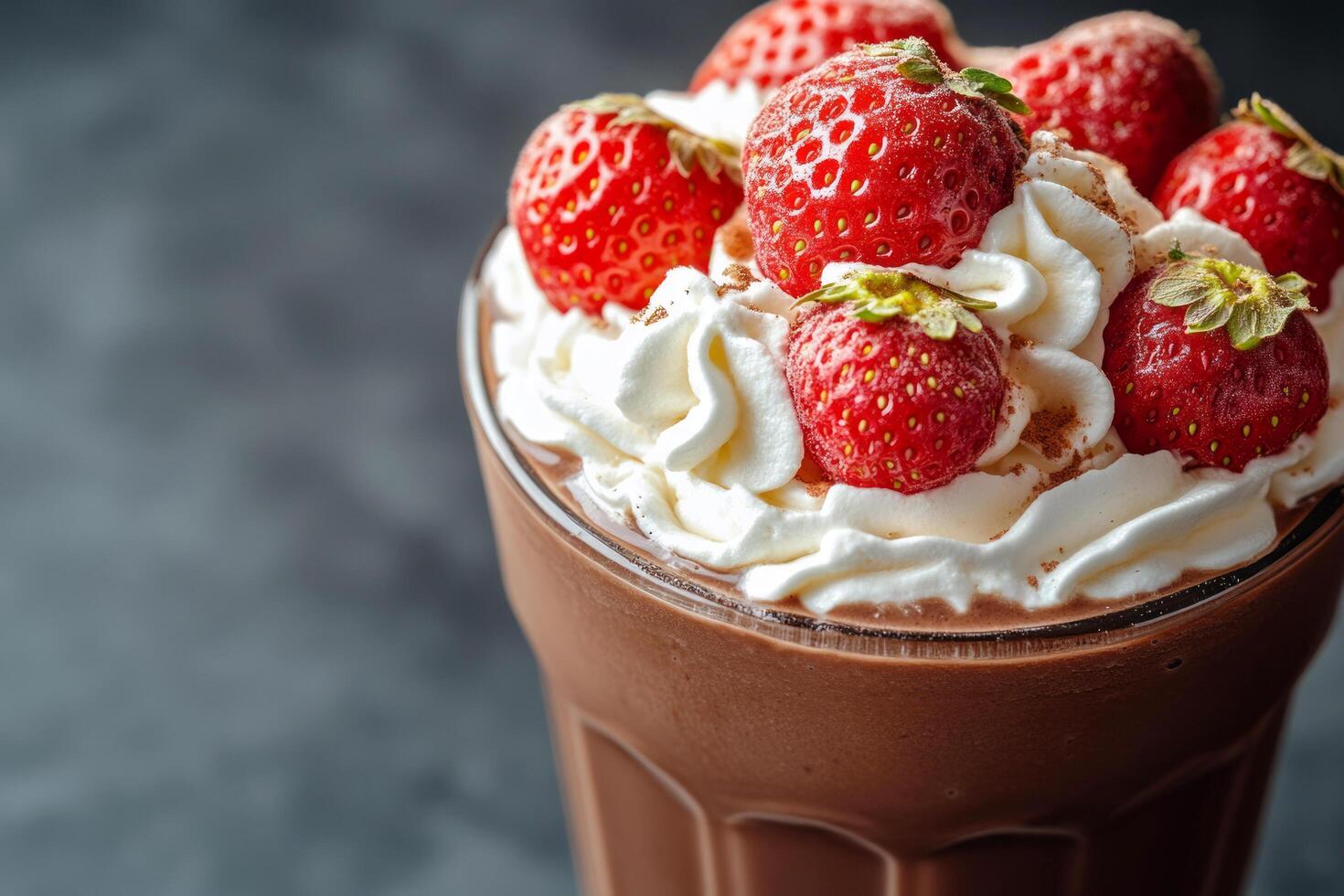 Glass of chocolate milkshake topped with whipped cream and fresh strawberries, offering a sweet and refreshing treat photo